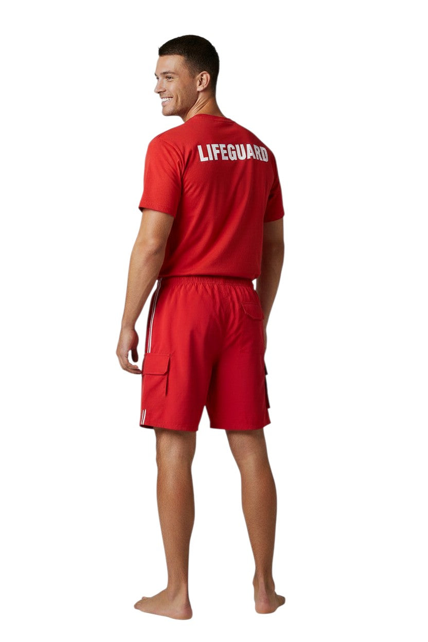 The Lifeguard Store red polyester board shorts with white side stripes and cargo pocket. Features UPF30+ protection.