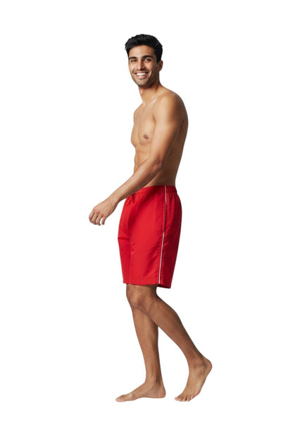 The Lifeguard Store red polyester board shorts with white piping and drawstring waist. UPF30+ protection.