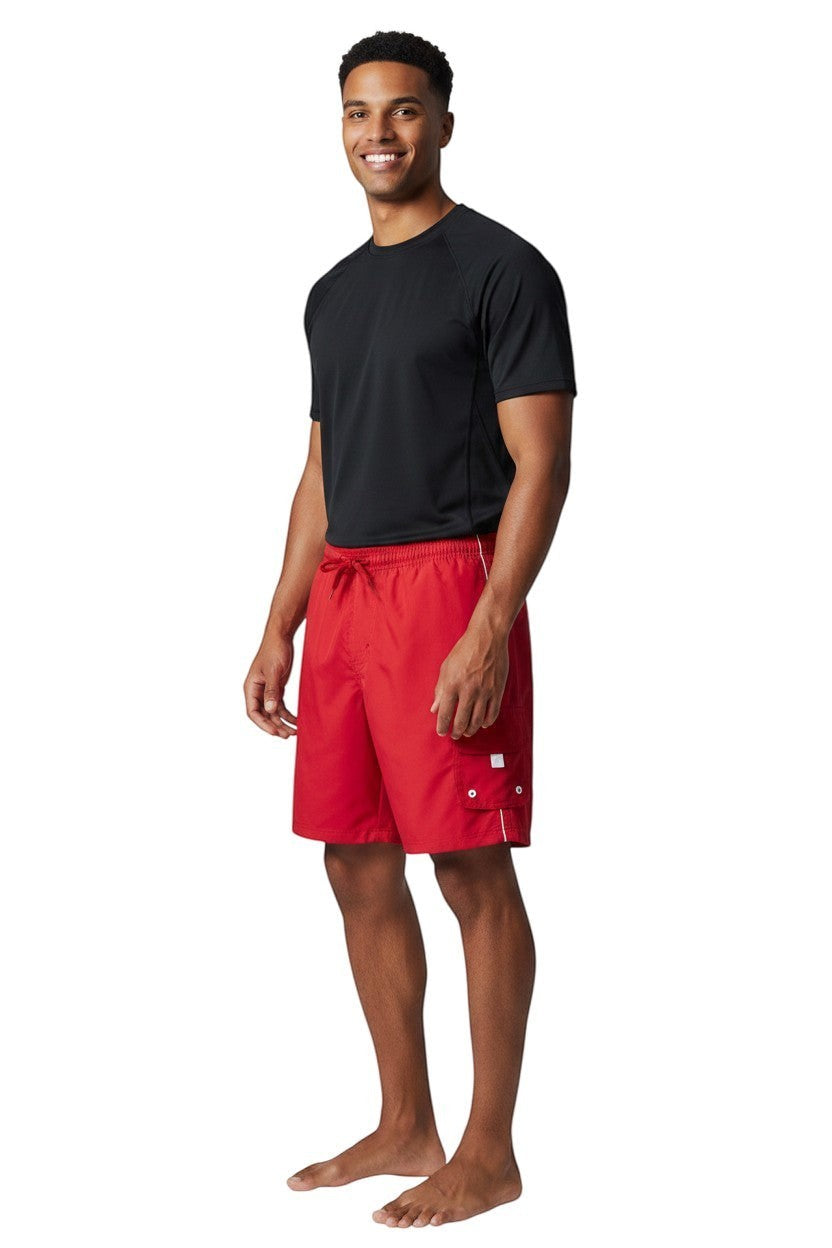 The Lifeguard Store red polyester-spandex board shorts with drawstring waist, white trim, and velcro cargo pocket.