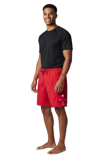 The Lifeguard Store red polyester-spandex board shorts with drawstring waist, white trim, and velcro cargo pocket.