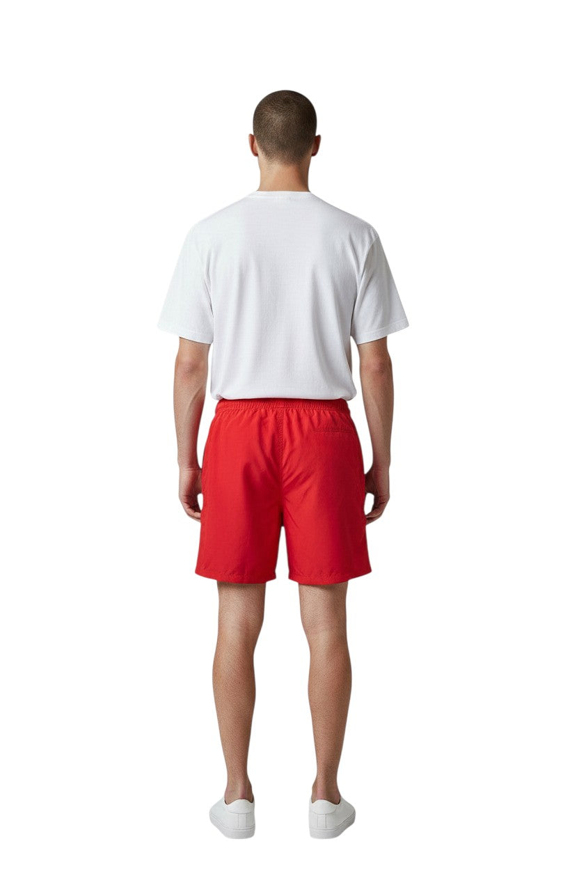 The Lifeguard Store red polyester board shorts with liner, elastic waistband, and 7" inseam.