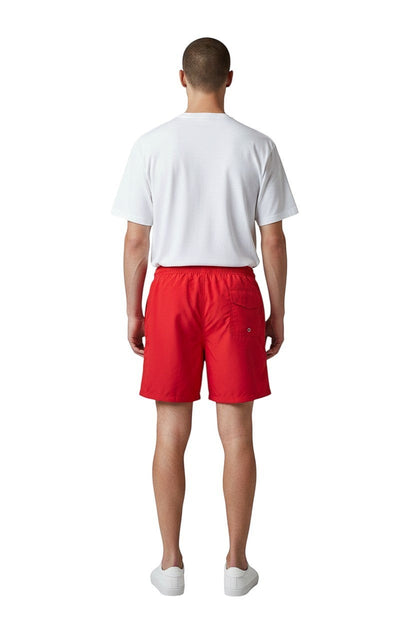 The Lifeguard Store Men's red board shorts with liner, elastic waistband, and 7" inseam.
