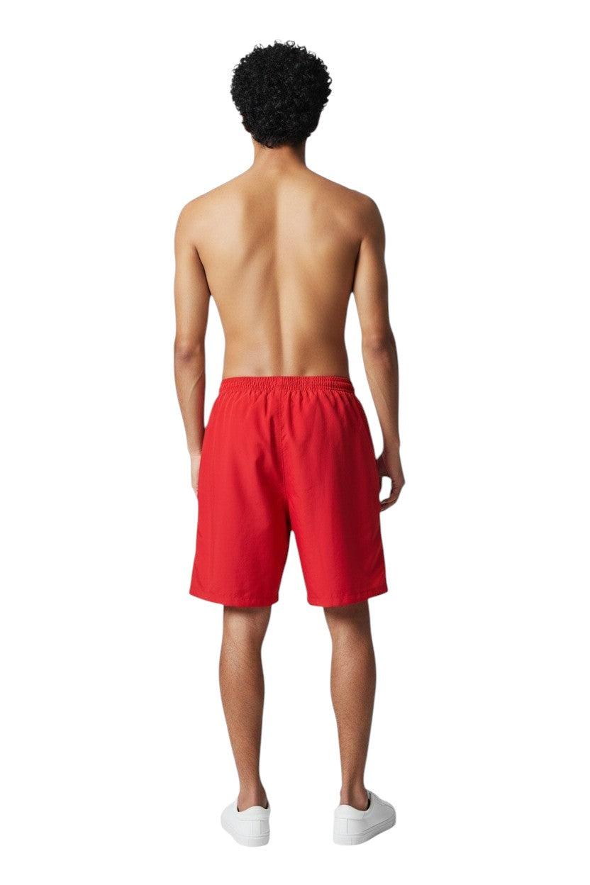 The Lifeguard Store red polyester board shorts with liner, elastic waistband, and cargo pocket.
