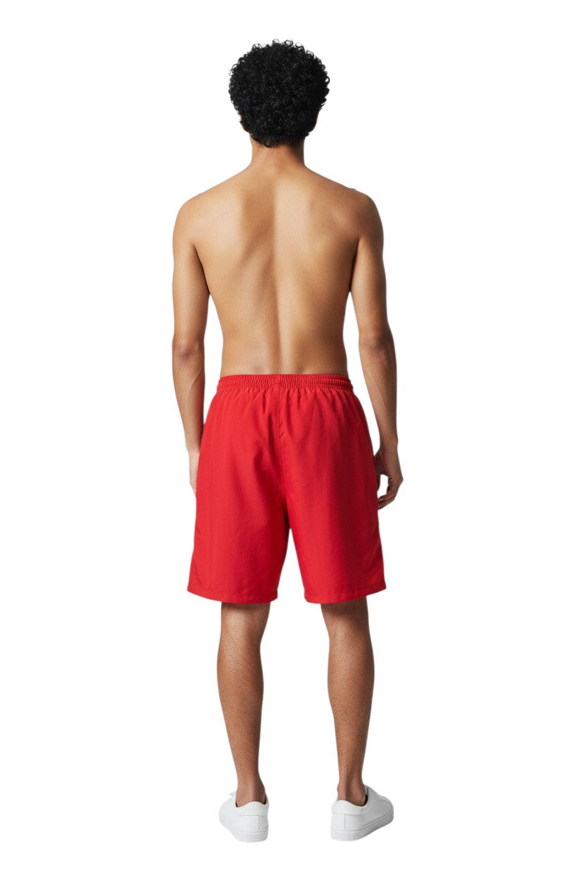 The Lifeguard Store red polyester board shorts with liner, elastic waistband, and cargo pocket.