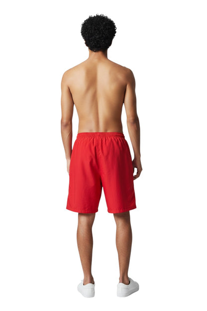 The Lifeguard Store red polyester board shorts with liner, elastic waistband, and cargo pocket.