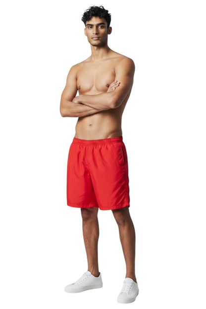 The Lifeguard Store red polyester board shorts with liner, elastic waistband, drawstring, and cargo pocket.