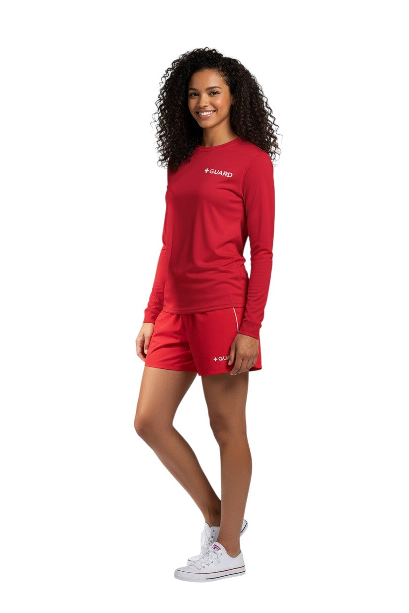 The Lifeguard Store red long sleeve Dri-Fit Guard tee with white + GUARD logo on chest. 100% polyester.