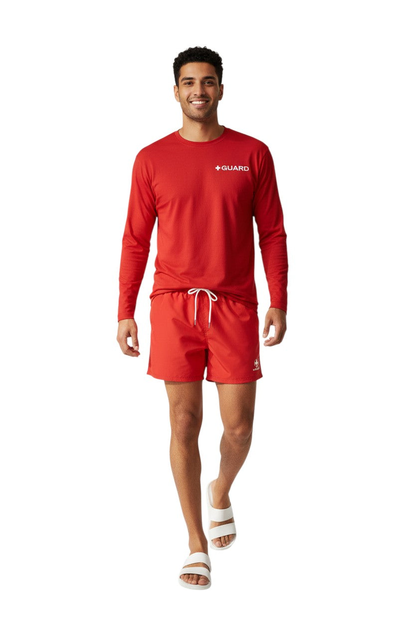 The Lifeguard Store red long sleeve Dri-Fit Guard tee with white logo on chest. 100% polyester.