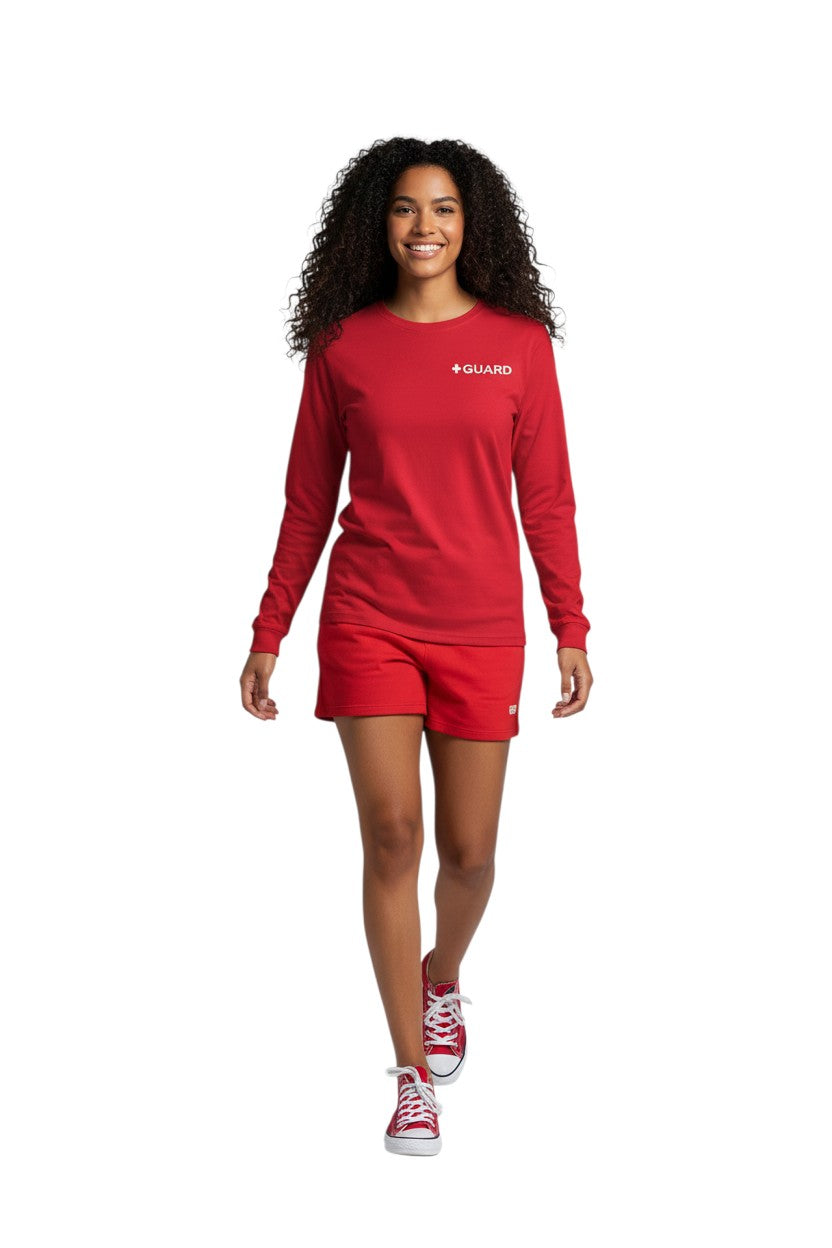 The Lifeguard Store red long sleeve Dri-Fit Guard tee with white + GUARD logo on chest. 100% polyester.