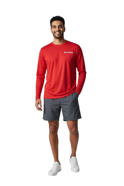 The Lifeguard Store red long sleeve Dri-Fit Guard tee with white + GUARD logo on chest. 100% polyester.