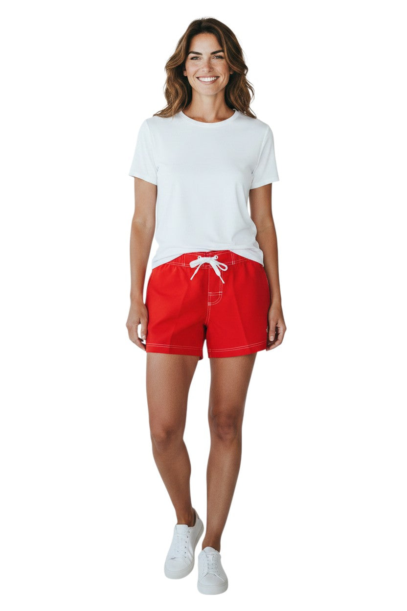 The Lifeguard Store red polyester flex shorts with white drawstring and side pocket, 5" inseam.