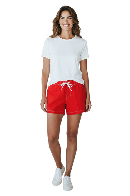 The Lifeguard Store red polyester flex shorts with white drawstring and side pocket, 5" inseam.