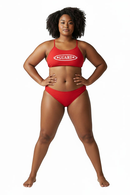 The Lifeguard Store red two-piece bikini with white Guard logo, made from durable chlorine-resistant fabric.