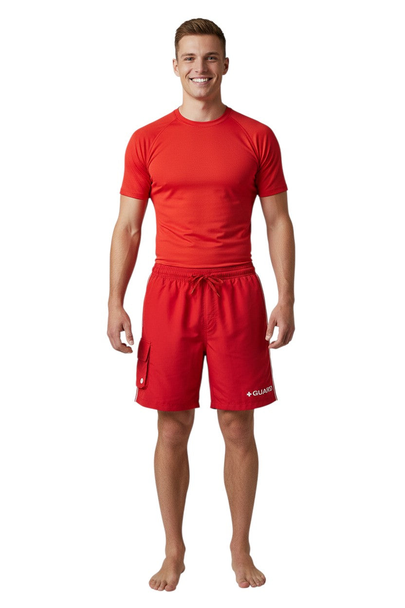 The Lifeguard Store red polyester board shorts with drawstring, cargo pocket, and "+ GUARD" graphic.
