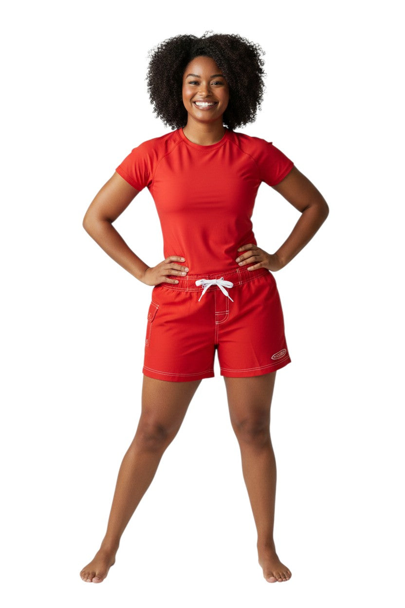 The Lifeguard Store red polyester-spandex blend board shorts with drawstring waist and GUARD logo.