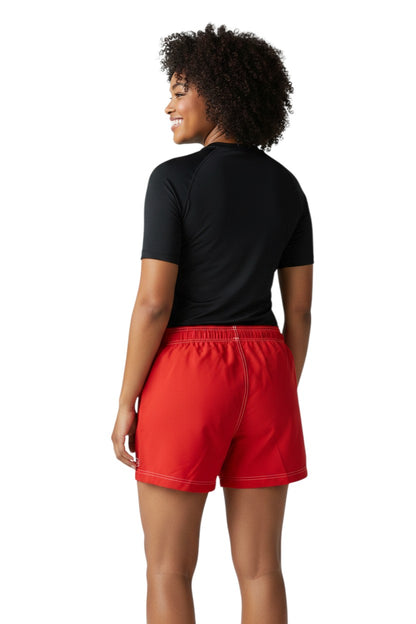 The Lifeguard Store red polyester-spandex blend board shorts with drawstring waist and GUARD logo.