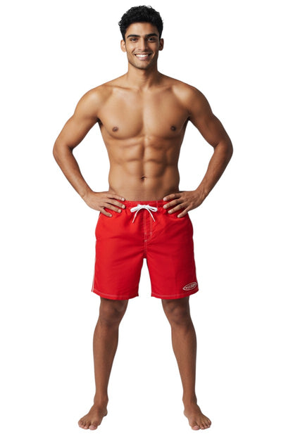 The Lifeguard Store red polyester blend boardshorts with white drawstring, contrast stitching, and GUARD logo. Elastic waistband and side pocket.