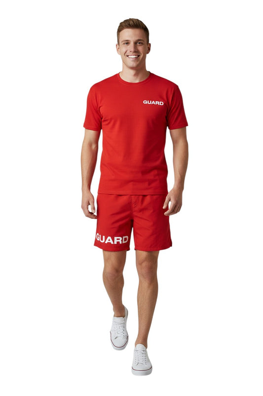 The Lifeguard Store red 4-way stretch polyester lifeguard deck shorts with "GUARD" printed on the left leg.
