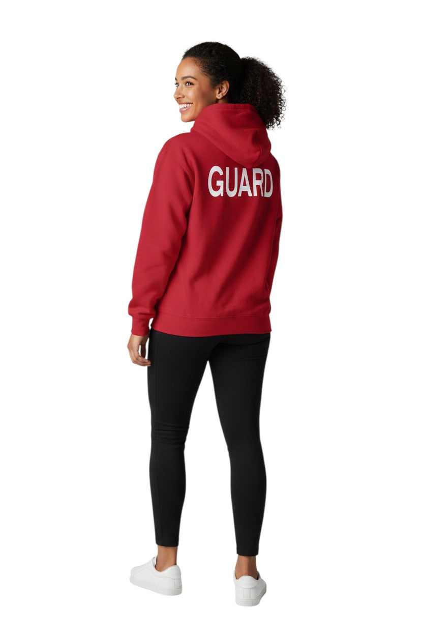 The Lifeguard Store red cotton-polyester blend hooded sweatshirt with "GUARD" logo on back.