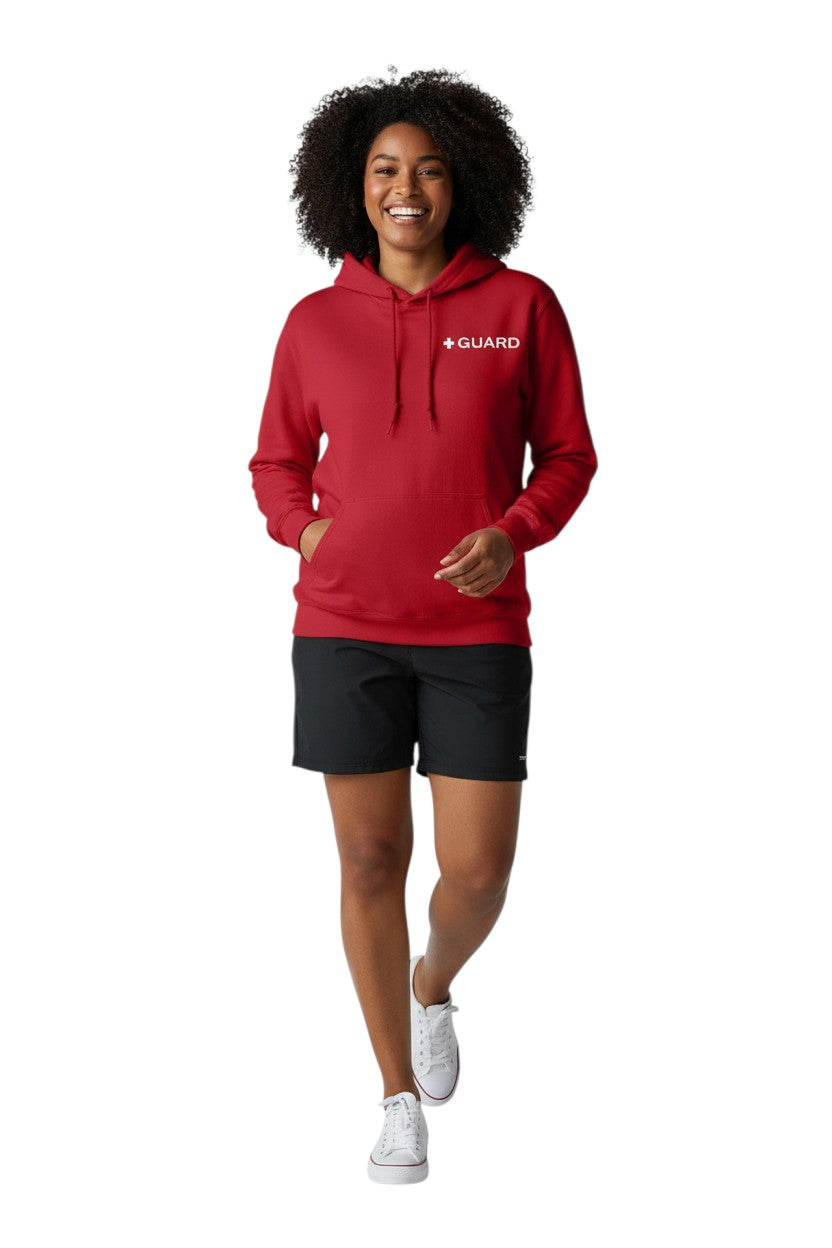 The Lifeguard Store red cotton-polyester blend hooded sweatshirt with white GUARD logo on chest and pouch pocket.