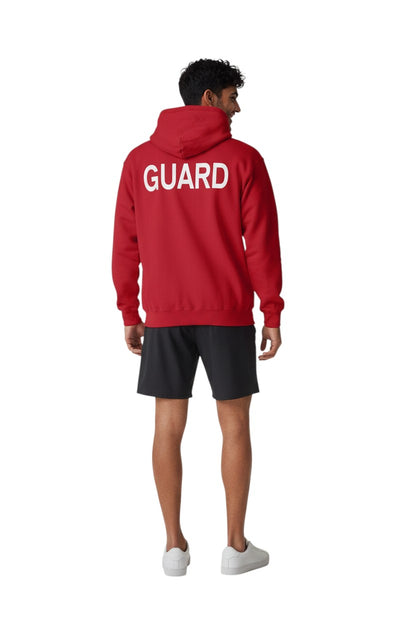 The Lifeguard Store Kiefer Guard hooded sweatshirt in red with white GUARD logo on back. Cotton/polyester blend.