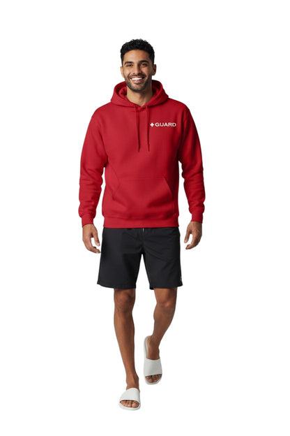 The Lifeguard Store red cotton-polyester blend hooded sweatshirt with white GUARD logo on chest.