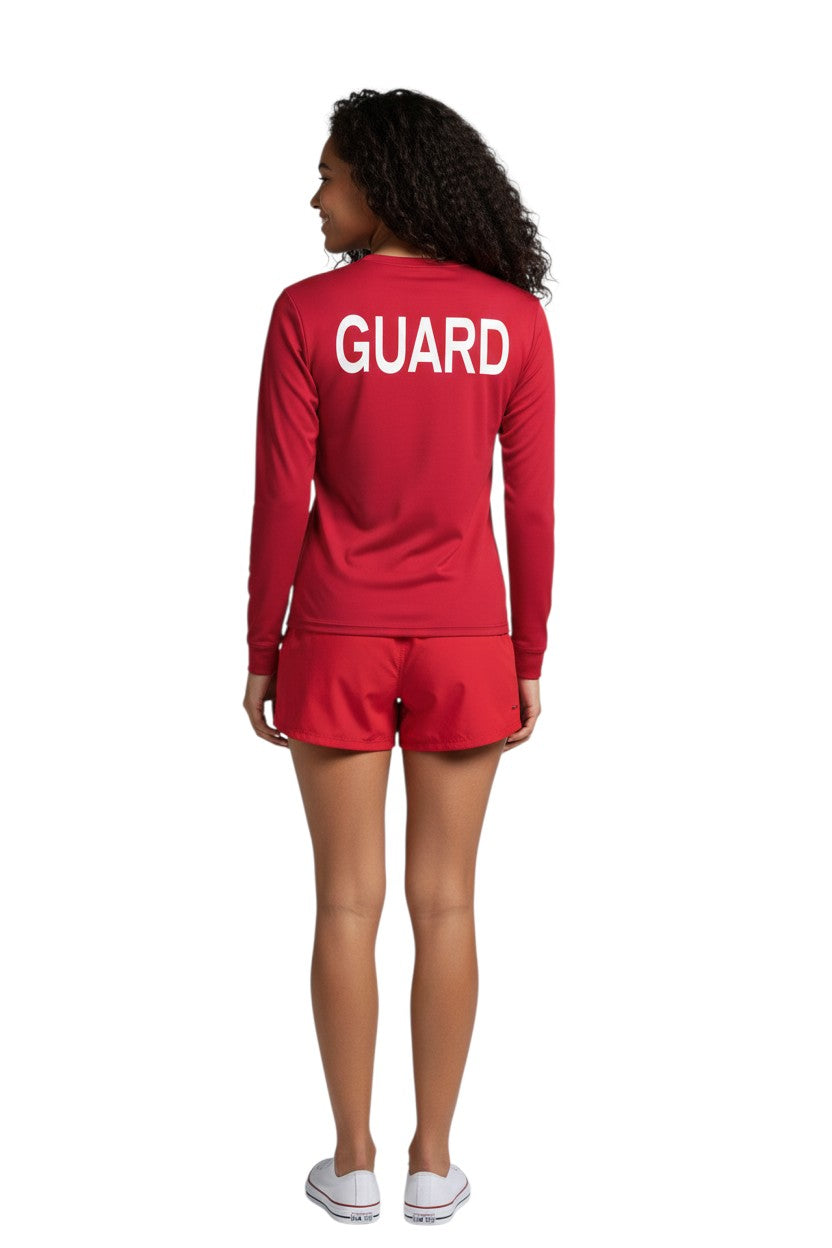 The Lifeguard Store red long sleeve Dri-Fit tee with white GUARD logo on back. 100% polyester.