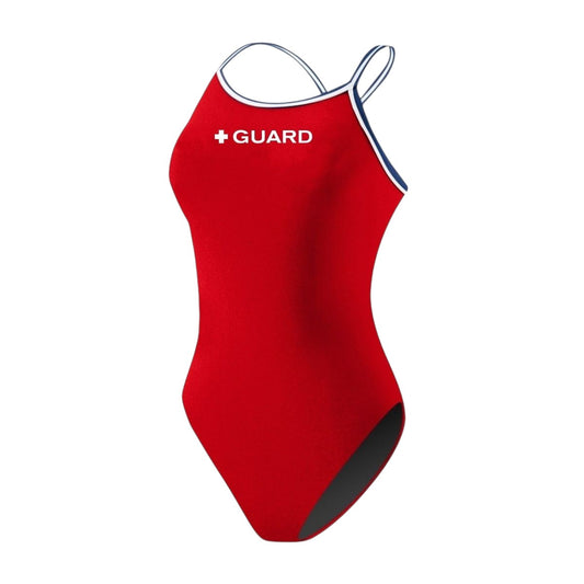 The Lifeguard Store red polyester-spandex one-piece swimsuit with white "+ GUARD" graphic and navy trim.