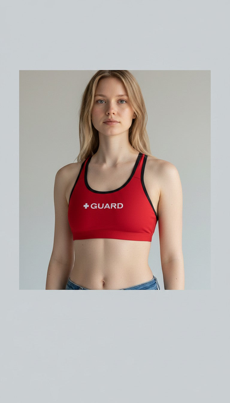 The Lifeguard Store Kiefer Guard Tricolor Racer Back Top in red with white text and black lining. Made of polyester and spandex.