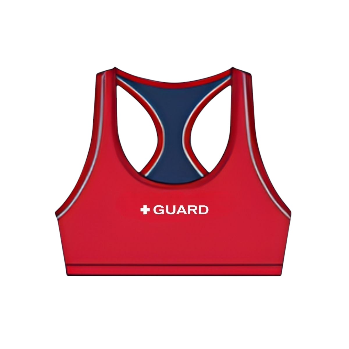 The Lifeguard Store red reversible racer back guard top with navy blue interior and white trim. Features "+ GUARD" text.