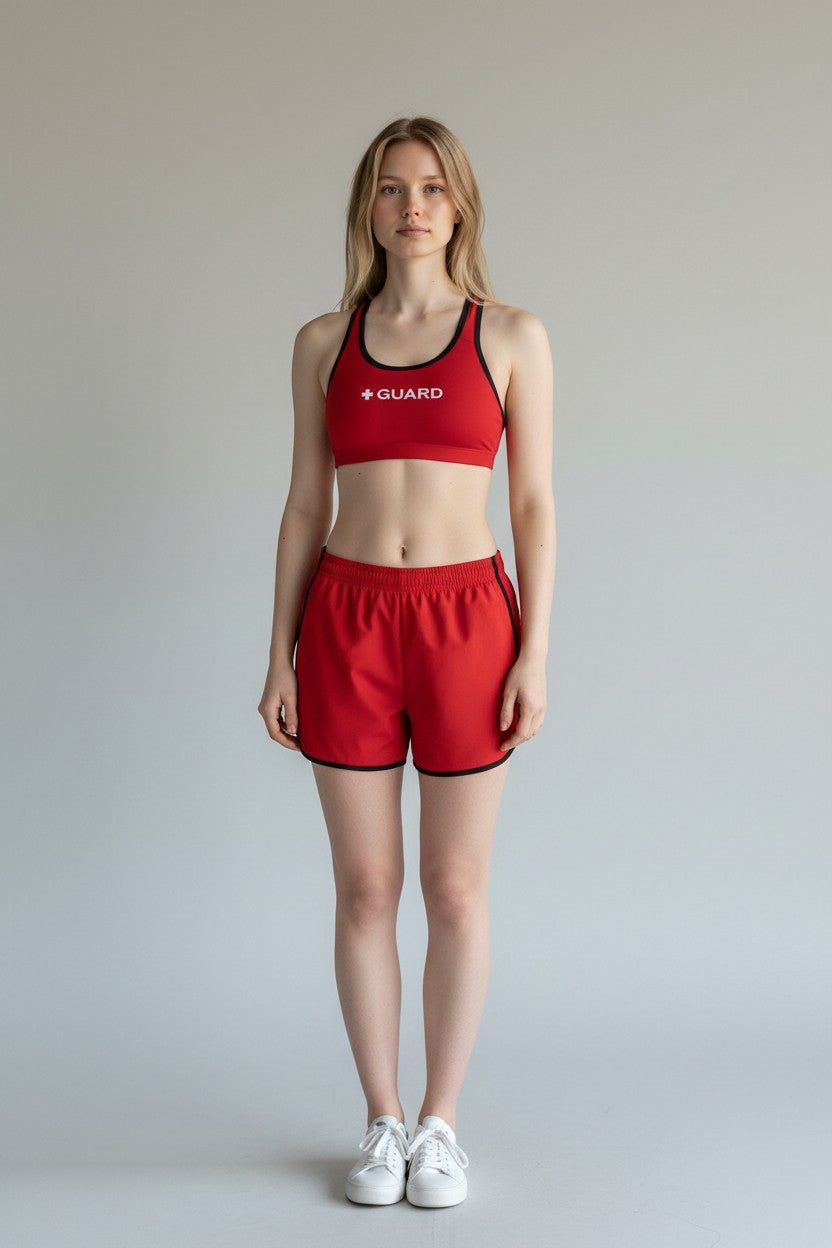 The Lifeguard Store red racer back top with white "+ GUARD" graphic. Made of poly-stretch fabric.