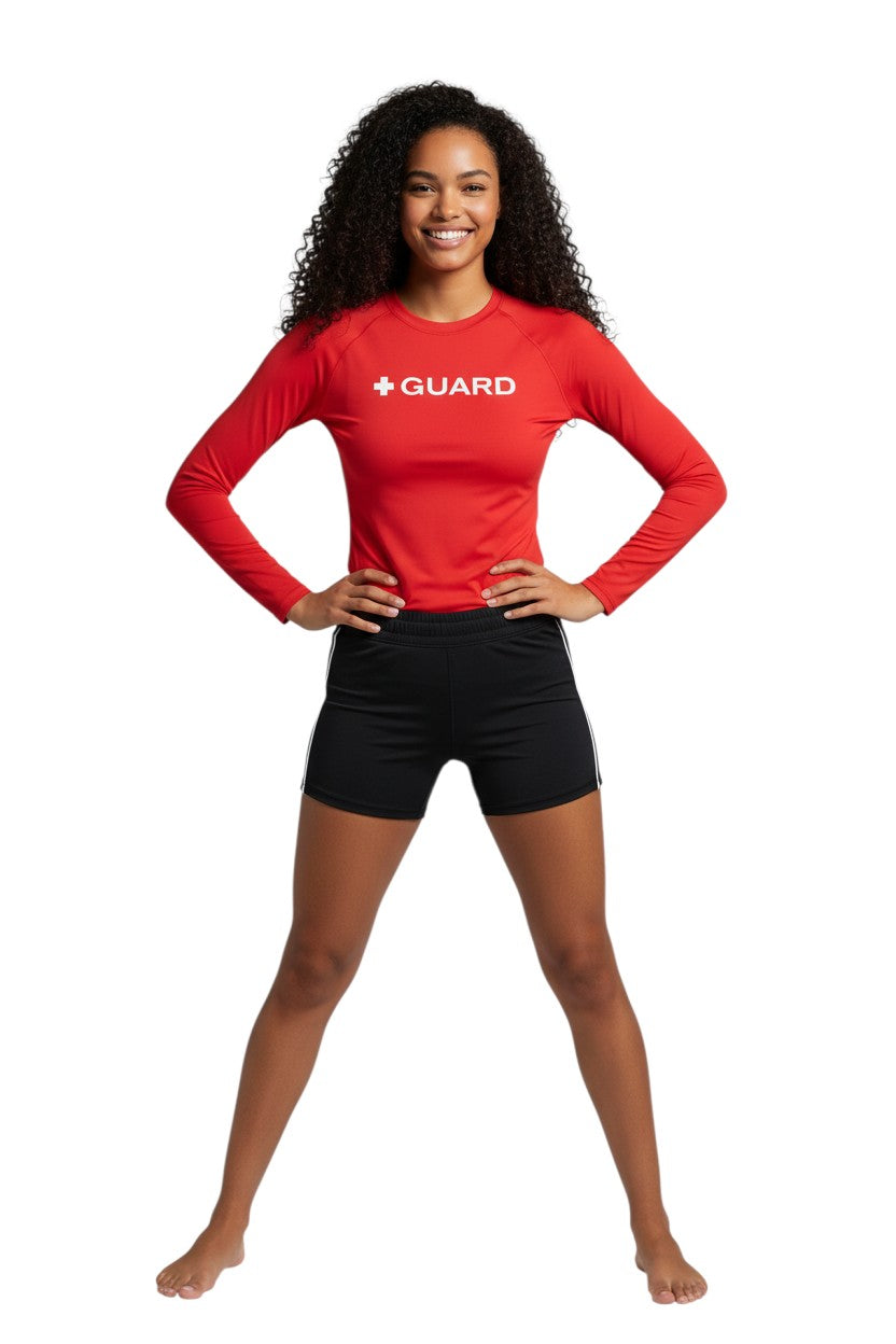 The Lifeguard Store red long sleeve crewneck rashguard with white + GUARD text on chest. Polyester/spandex blend.