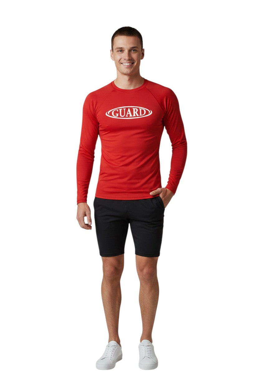 The Lifeguard Store red long sleeve crew neck rashguard with white GUARD logo on chest. UPF50+ protection.