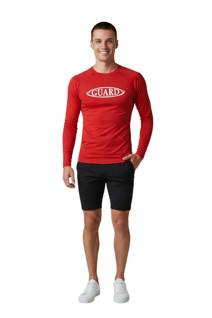 The Lifeguard Store red long sleeve crew neck rashguard with white GUARD logo on chest. UPF50+ protection.