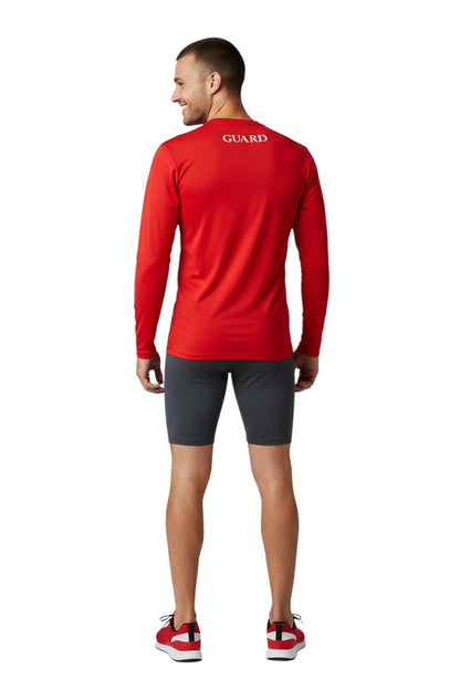 The Lifeguard Store red long sleeve crew neck rashguard with "GUARD" printed on the back. Made of poly-spandex blend.