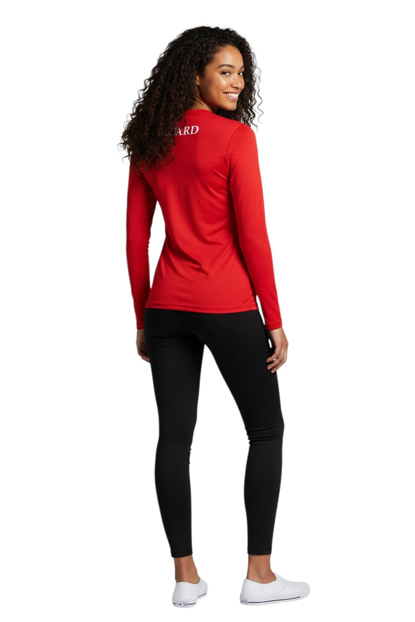 The Lifeguard Store red long sleeve crew neck rashguard with "GUARD" printed on the back. Made of poly-spandex blend.