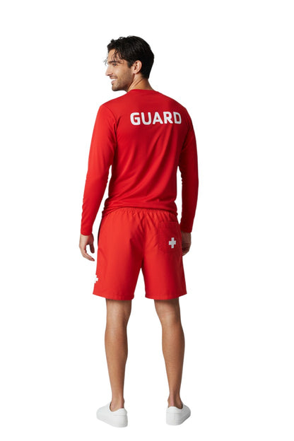 The Lifeguard Store red long sleeve rashguard with "GUARD" printed in white on the back. Made of polyester and spandex.