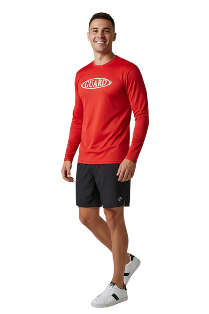The Lifeguard Store red long sleeve crew neck rashguard with white GUARD logo on chest. Made of poly-spandex blend.