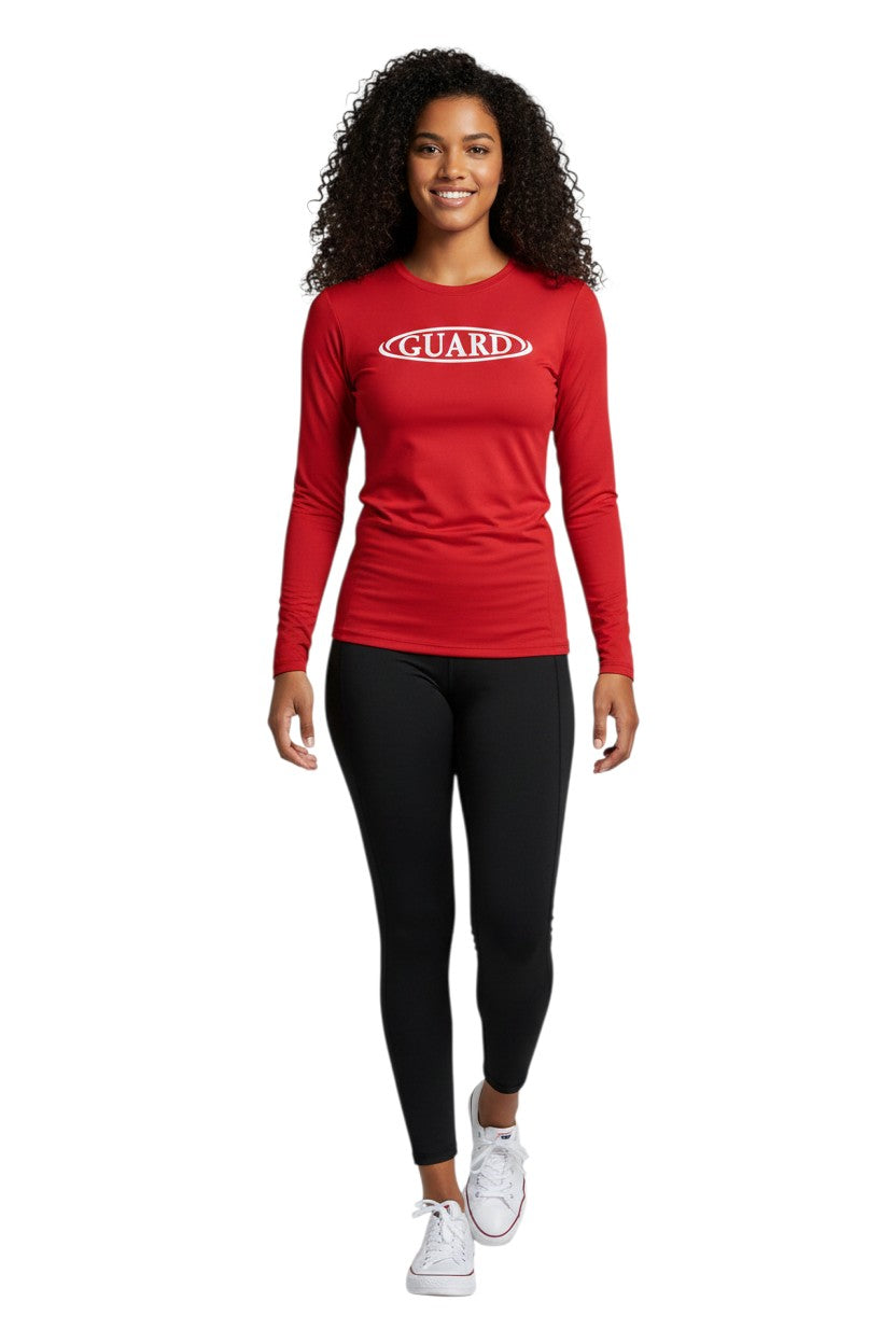 The Lifeguard Store red long sleeve crew neck rashguard with white GUARD logo on chest. Made of poly-spandex blend.