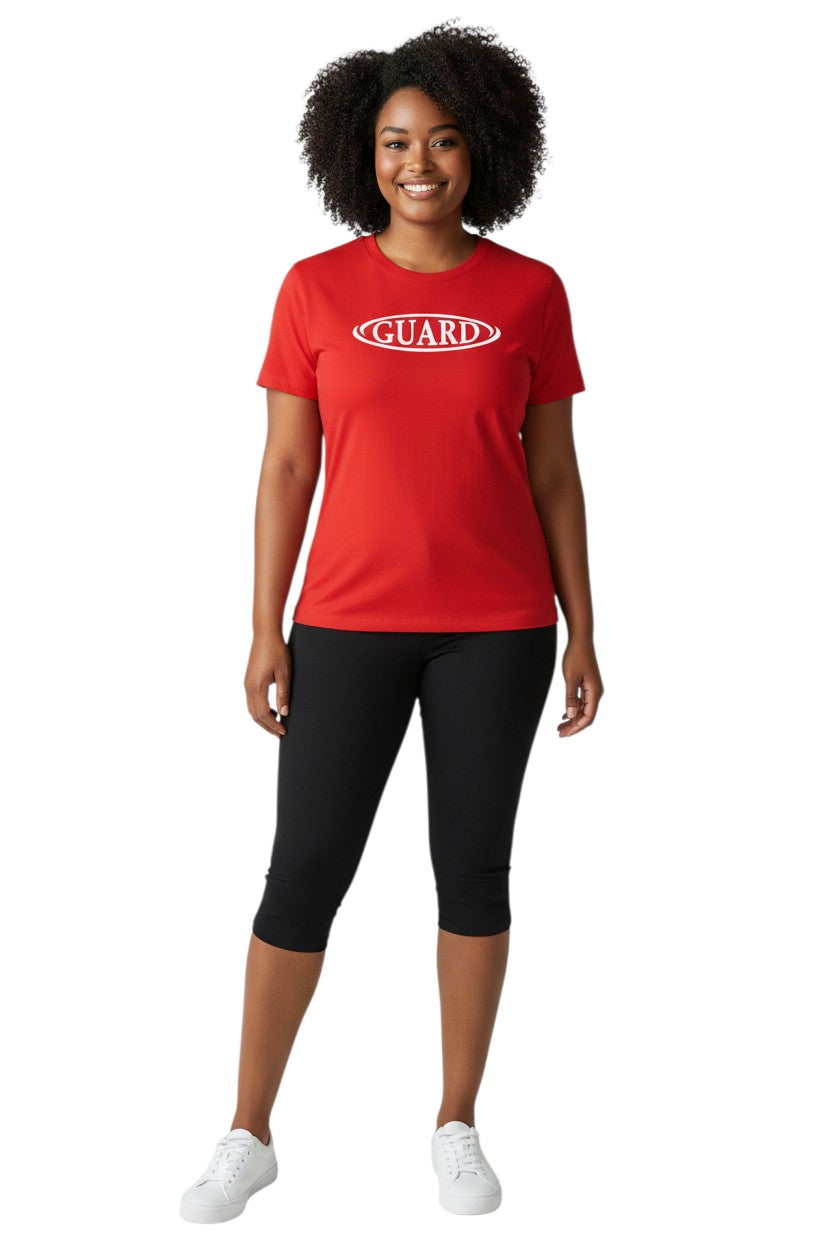 The Lifeguard Store red short sleeve crew neck rashguard with white GUARD logo on chest. Made of polyester and spandex.
