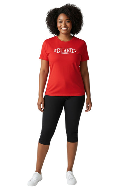 The Lifeguard Store red short sleeve crew neck rashguard with white GUARD logo on chest. Made of polyester and spandex.