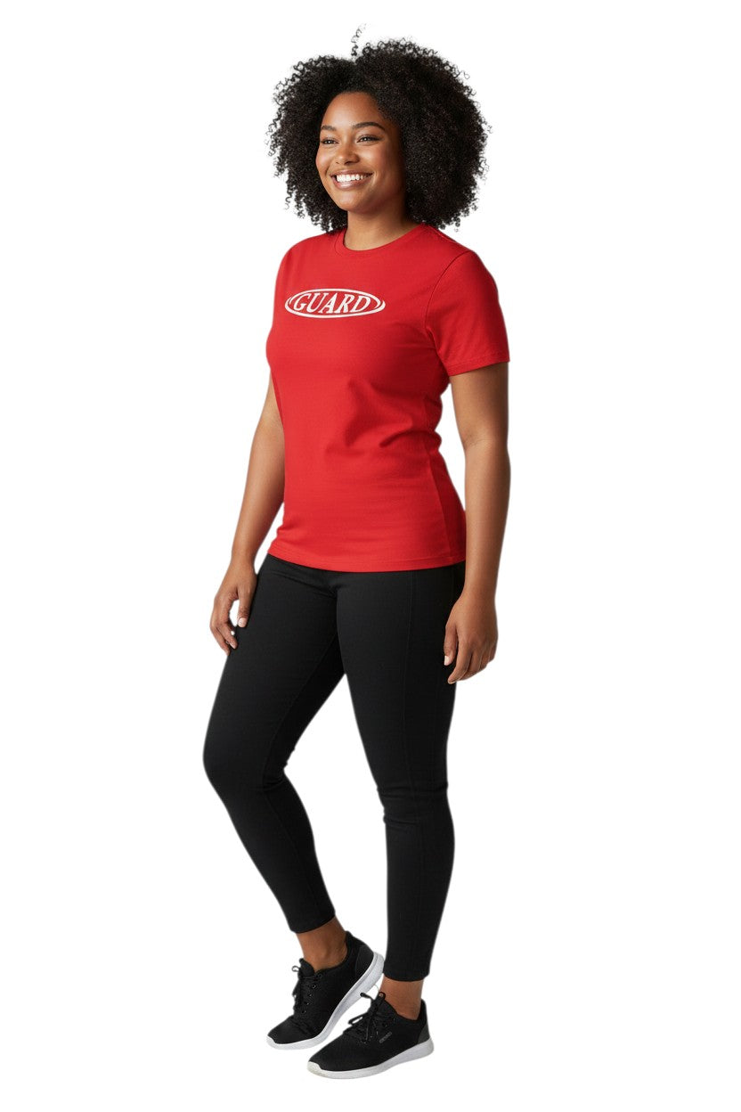 The Lifeguard Store red short sleeve crew neck rashguard with white GUARD logo on chest. Made of polyester and spandex.