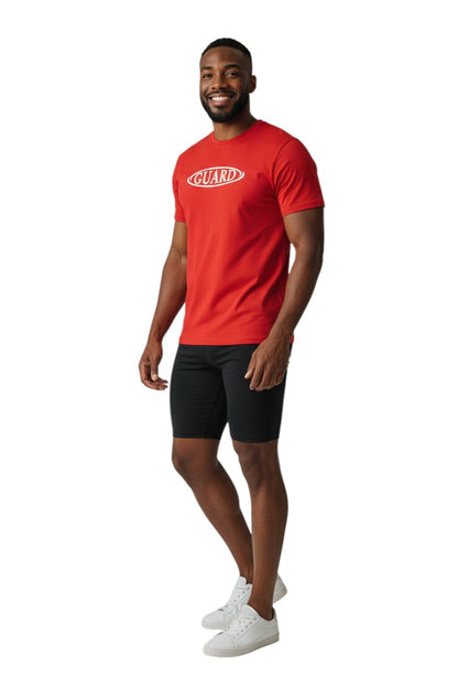 The Lifeguard Store red short sleeve crew neck rashguard with white GUARD logo on chest. Made of poly-spandex.