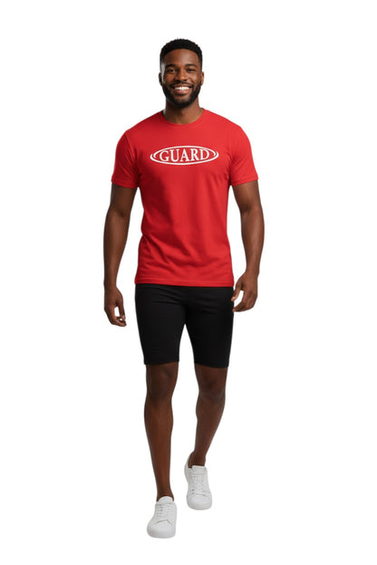 The Lifeguard Store red short sleeve crew neck rashguard with white GUARD logo on chest. Made of polyester and spandex.