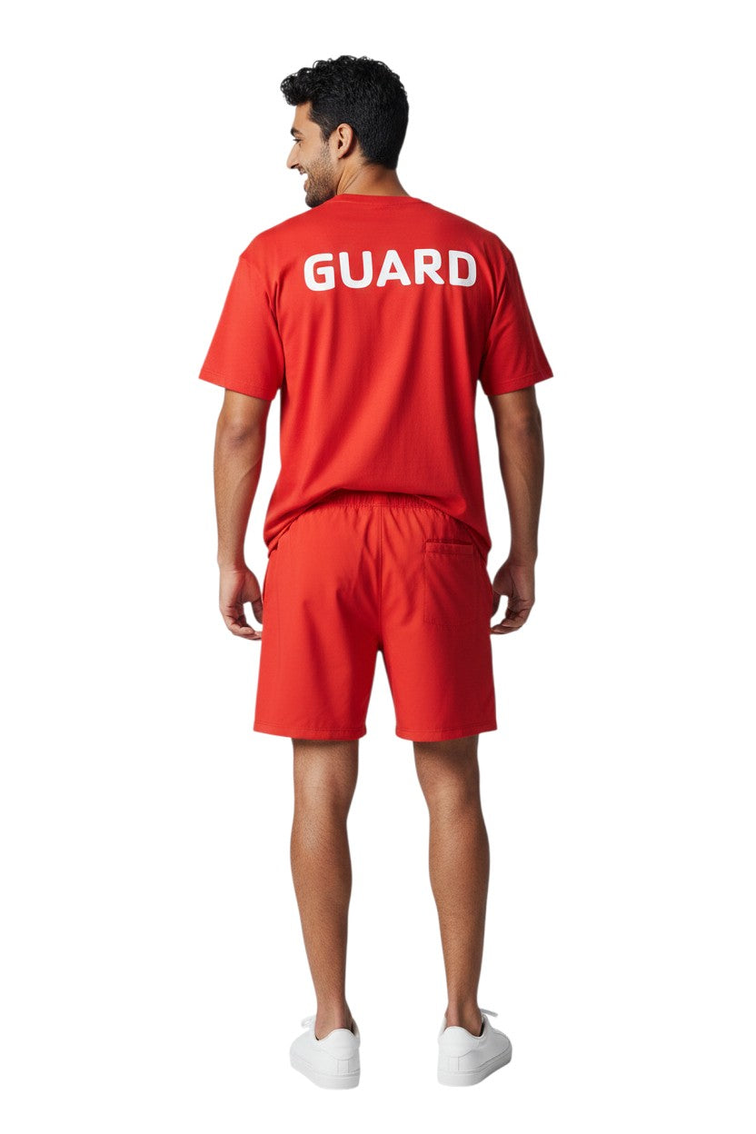 The Lifeguard Store red short sleeve rashguard with "GUARD" printed on the back. Made of polyester and spandex.