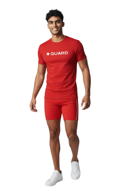 The Lifeguard Store red short sleeve crewneck rashguard with white + GUARD text. Poly stretch fabric.
