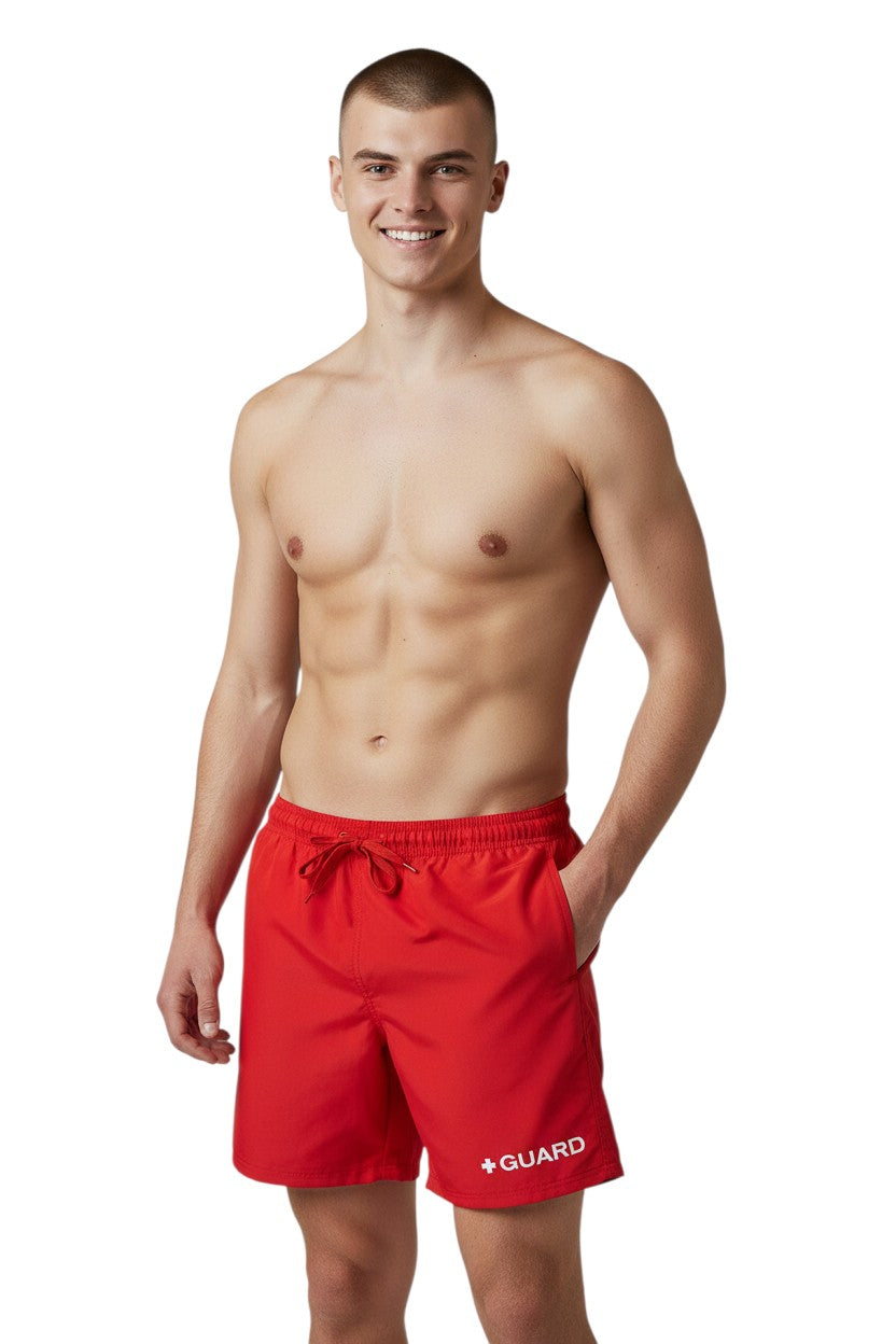 The Lifeguard Store red 5" Guard shorts with elastic waistband, drawstring, and side pockets. Features quick-dry, 4-way stretch fabric with UPF50+ UV protection.