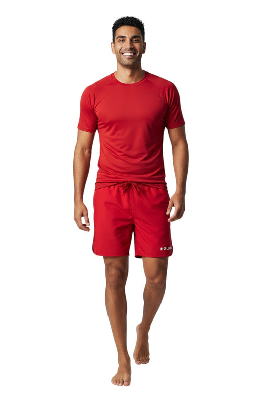The Lifeguard Store red 5" Guard shorts with elastic waistband, drawstring, and side pockets. Features quick-dry, 4-way stretch fabric with UPF50+ UV protection.