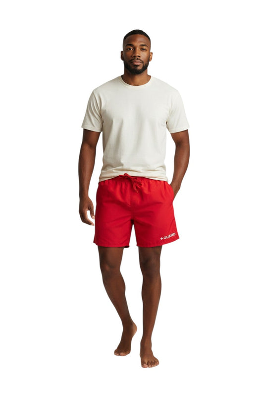 The Lifeguard Store red polyester 5" Guard shorts with liner, elastic waistband, drawstring, and white + GUARD logo.