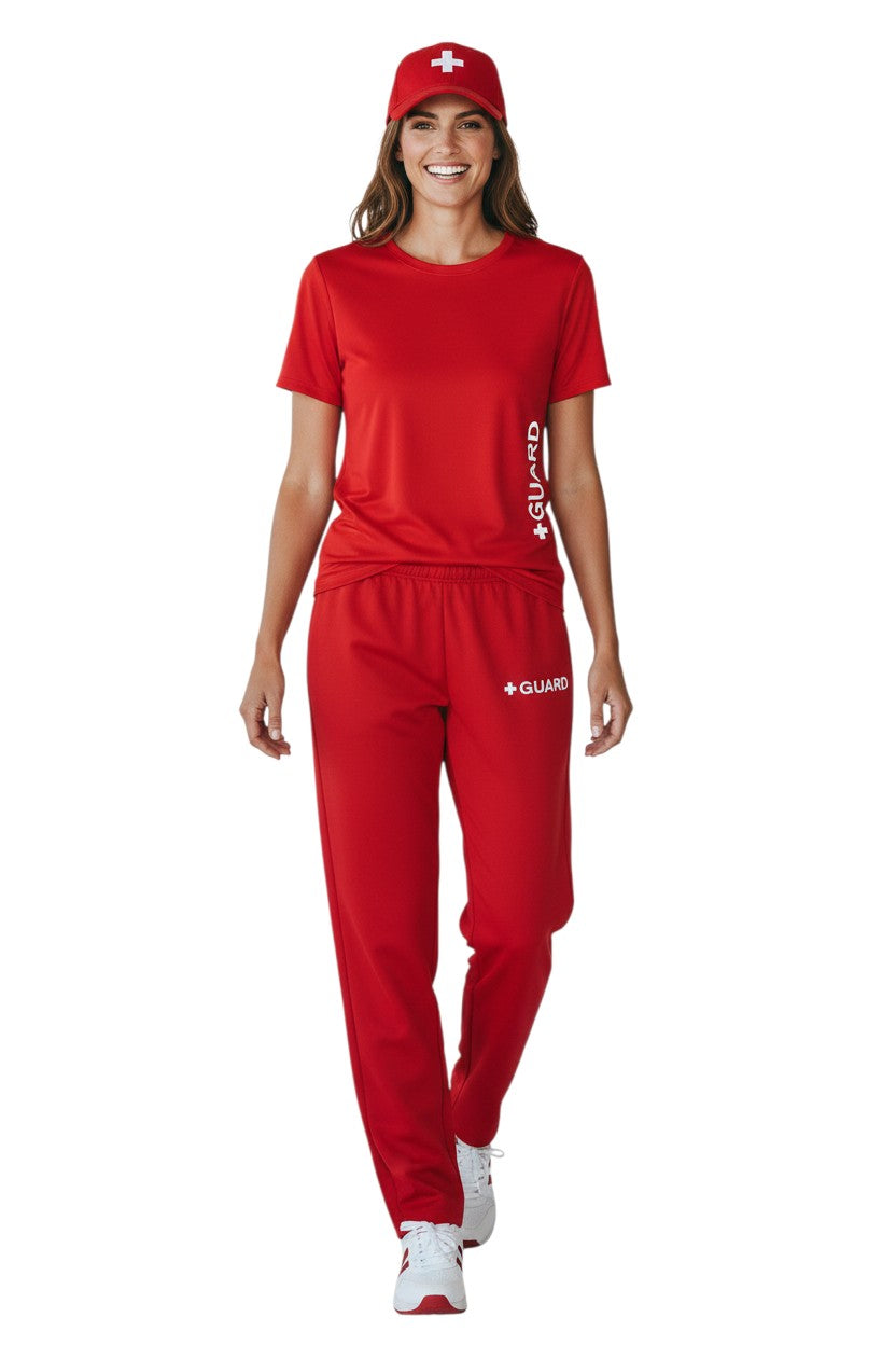 The Lifeguard Store red cotton polyester blend sweatpants with drawstring and side pockets, featuring a white "+ GUARD" logo.